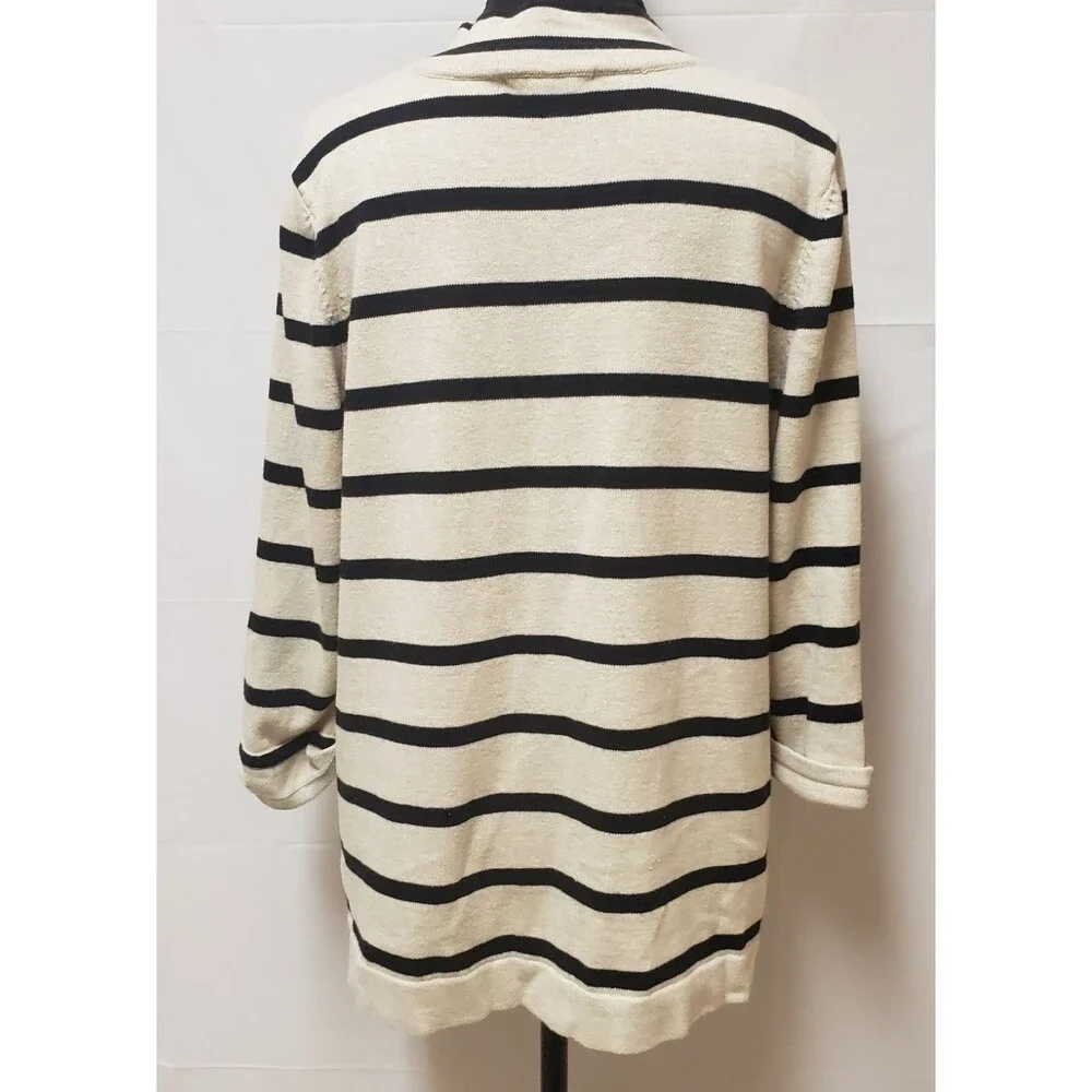 Christopher & Banks Double Breasted Knit Oatmeal Black Stripes Cardigan L NWOT